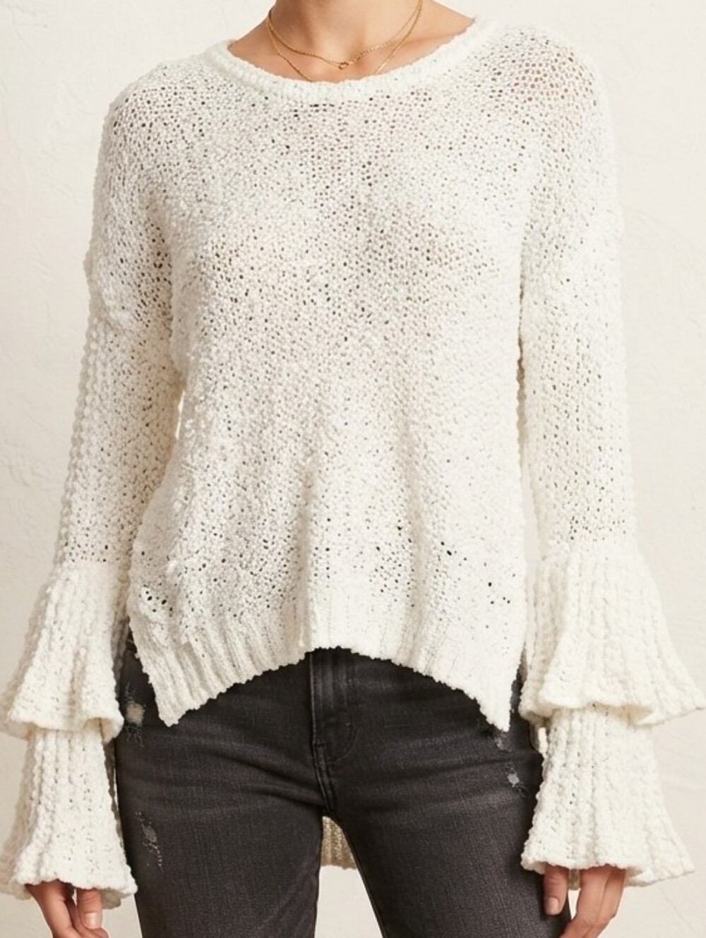 Roxy White Open Knit Crotchet Ruffle Bell Sleeve Sweater Retro Boho  Size US 6